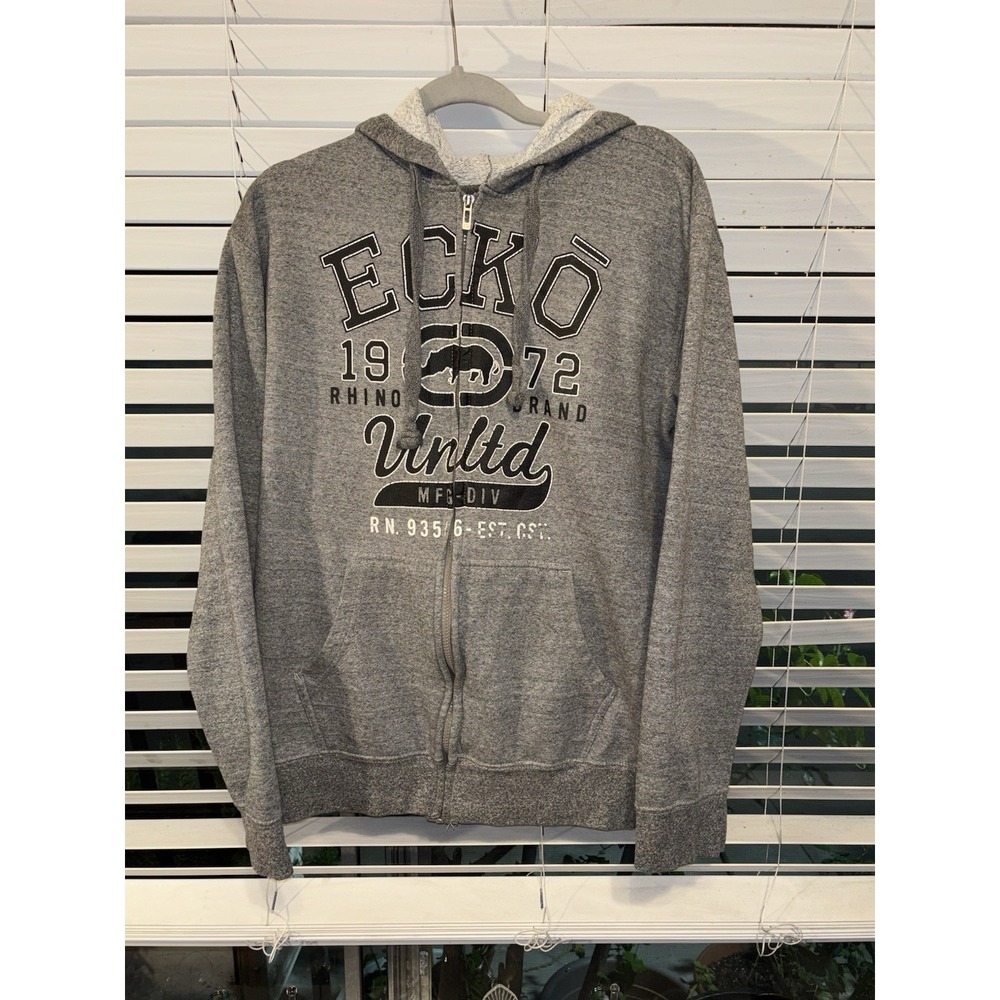 VINTAGE ECKO Unltd Sweater Mens L Gray Black Full Zip Hoodie Rhino‎ Logo Y2k